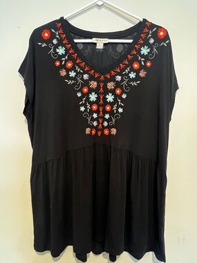 Style & Co. Black V-Neck Tunic with Red & Light Blue Floral Embroidery